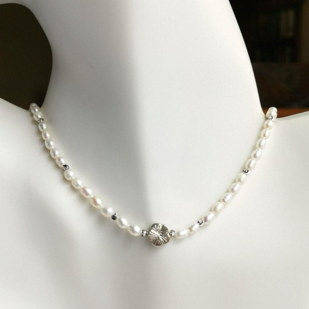 White Rice Pearl  Necklace with Sterling Silver Flower